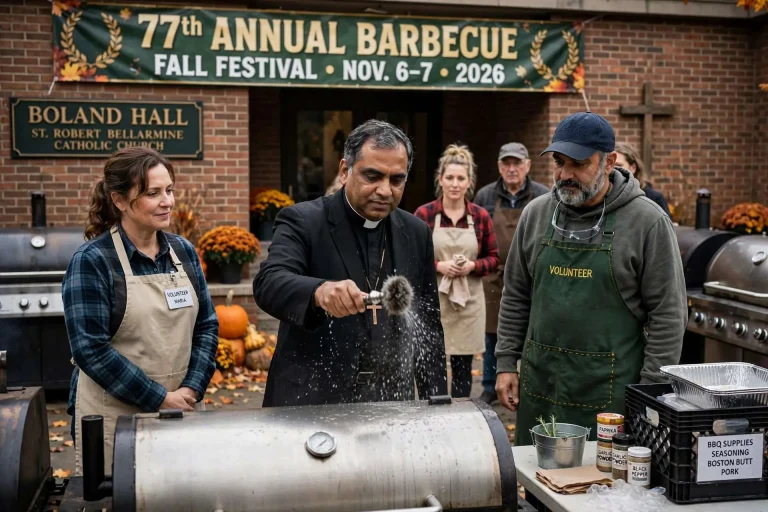 A priest sprinkles holy water on a barbecue smoker as aproned volunteers look on outside a church hall decorated for fall