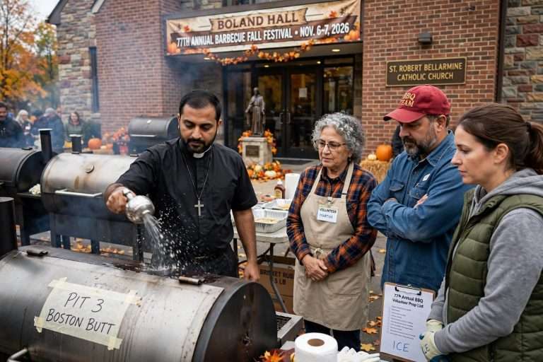 Illustration for the news story: Holy Water on the Pits: St. Robert Bellarmine Blesses Its Grills Ahead of the 77th Annual Barbecue Fall Festival Nov. 6–7