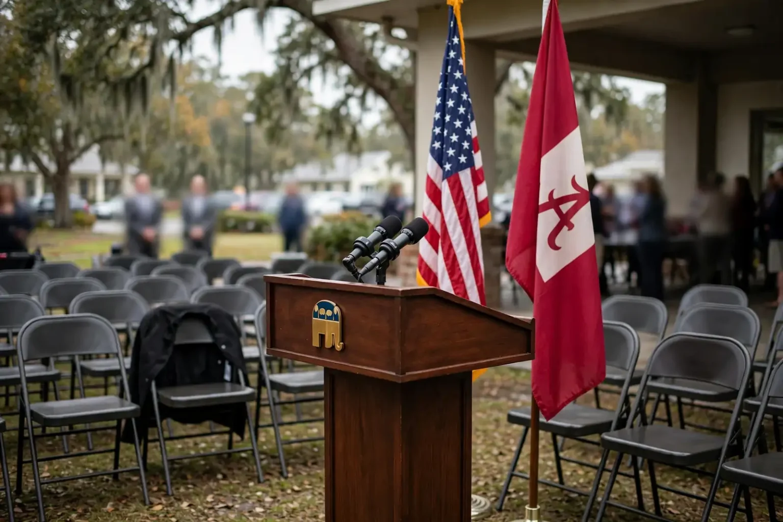 An empty wooden podium with microphones and flags in front of rows of folding chairs at a community gathering