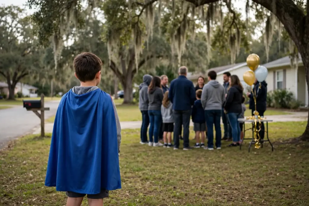 Child's superhero cape and mask laid out next to a stack of comic books