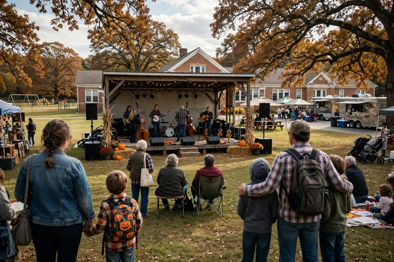 Acoustic bluegrass band with banjo, fiddle, mandolin, guitar and upright bass performing on an outdoor stage as families sit on lawn chairs