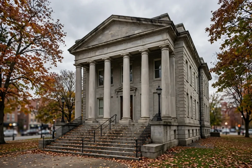 Exterior of a county courthouse in Mobile, Alabama, with a boat trailer suggesting a stolen boat case