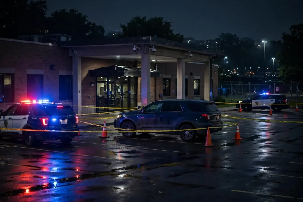 Police patrol car parked outside a police precinct building before dawn with a sedan stopped in the parking lot