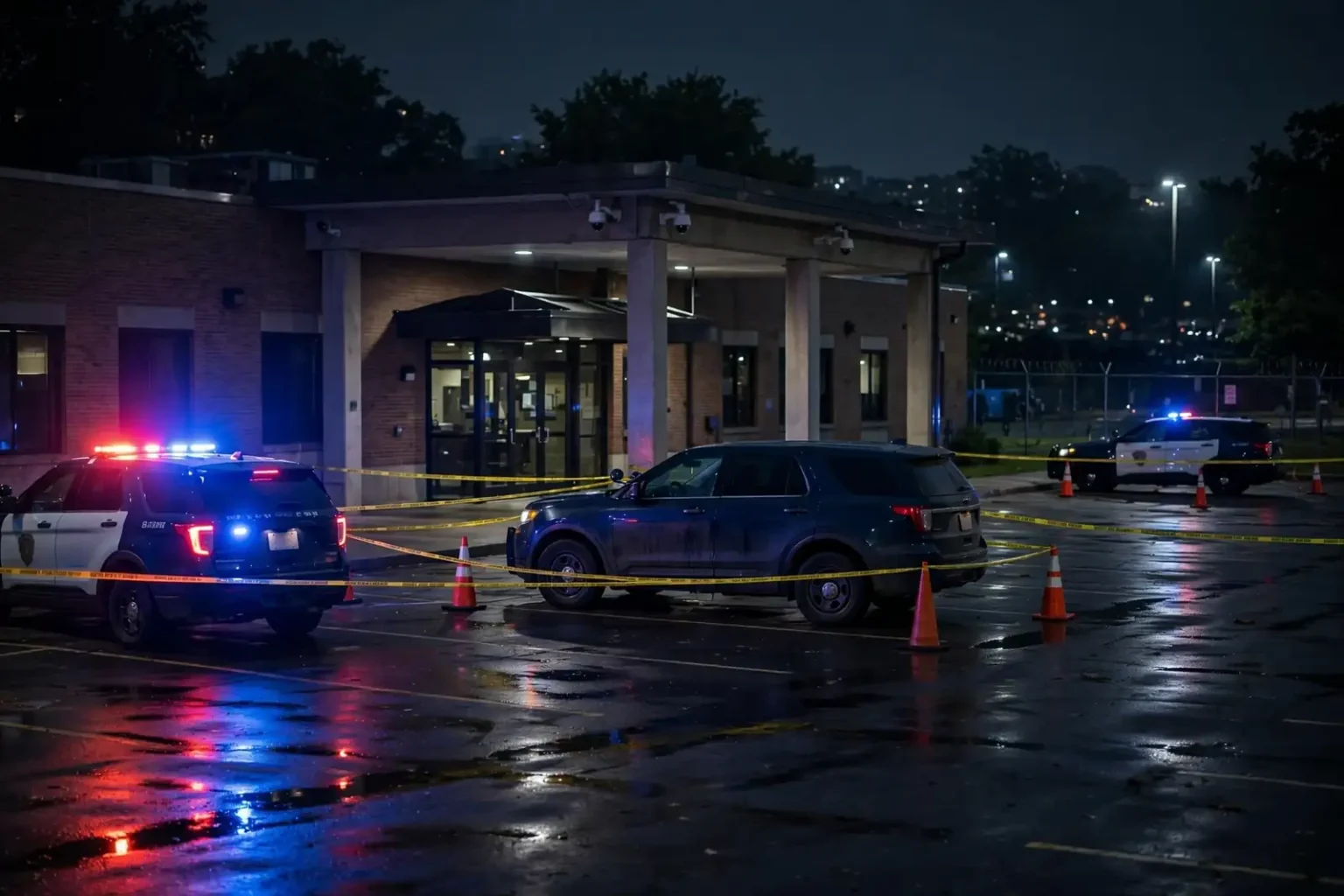Police patrol car parked outside a police precinct building before dawn with a sedan stopped in the parking lot