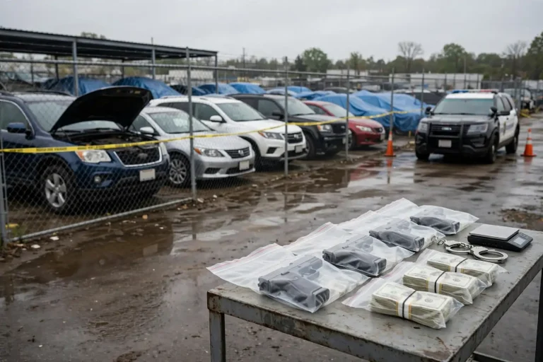 Rows of used cars on a lot with a close-up of a vehicle identification number plate on a dashboard