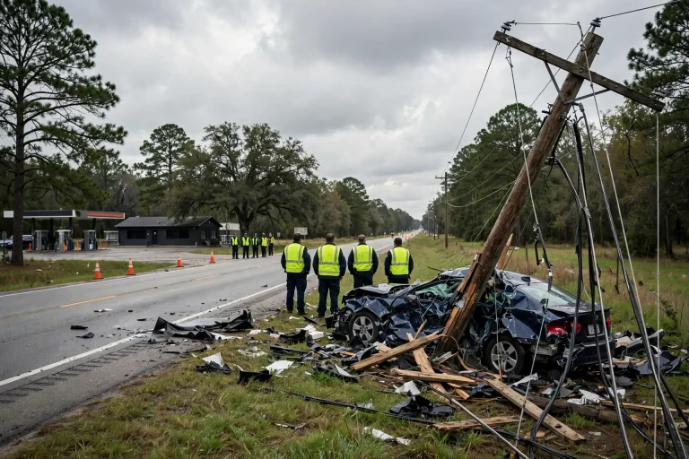 A utility pole beside a highway with traffic cones and emergency lights nearby