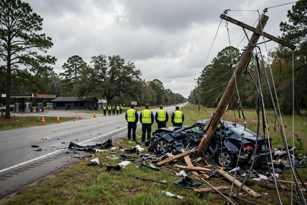 A utility pole beside a highway with traffic cones and emergency lights nearby