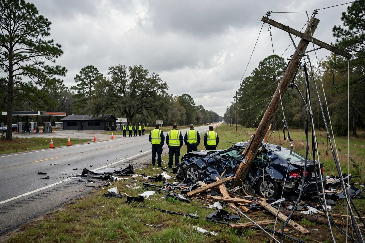 A utility pole beside a highway with traffic cones and emergency lights nearby