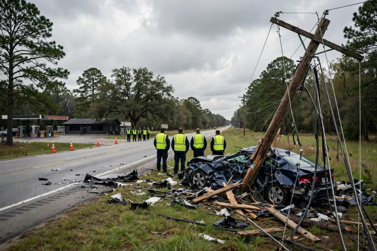 A utility pole beside a highway with traffic cones and emergency lights nearby