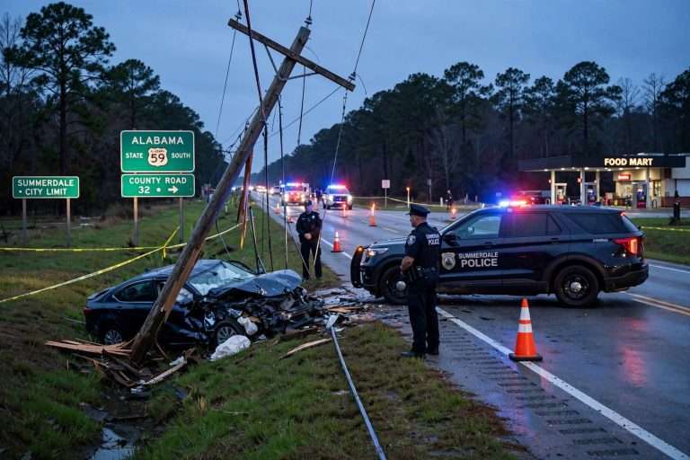 Illustration for the news story: Two Killed in Summerdale Crash After Car Hits Utility Pole on Alabama 59