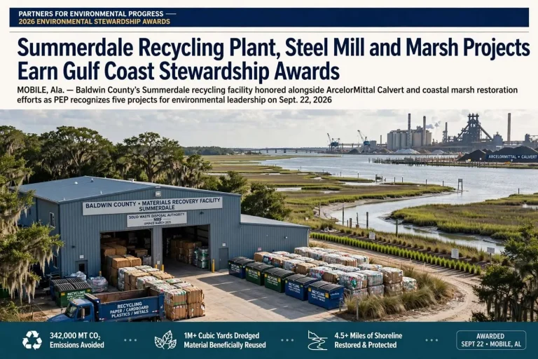 Illustration for the news story: Summerdale Recycling Plant, Steel Mill and Marsh Projects Earn Gulf Coast Stewardship Awards