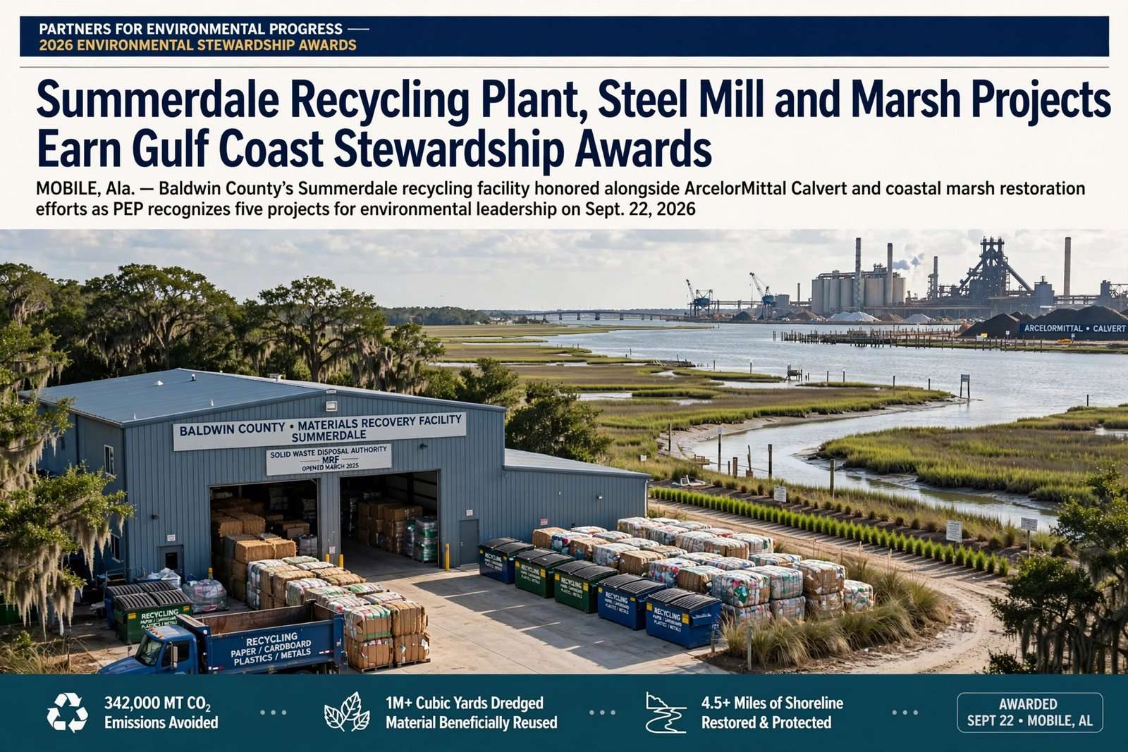 Illustration for the news story: Summerdale Recycling Plant, Steel Mill and Marsh Projects Earn Gulf Coast Stewardship Awards