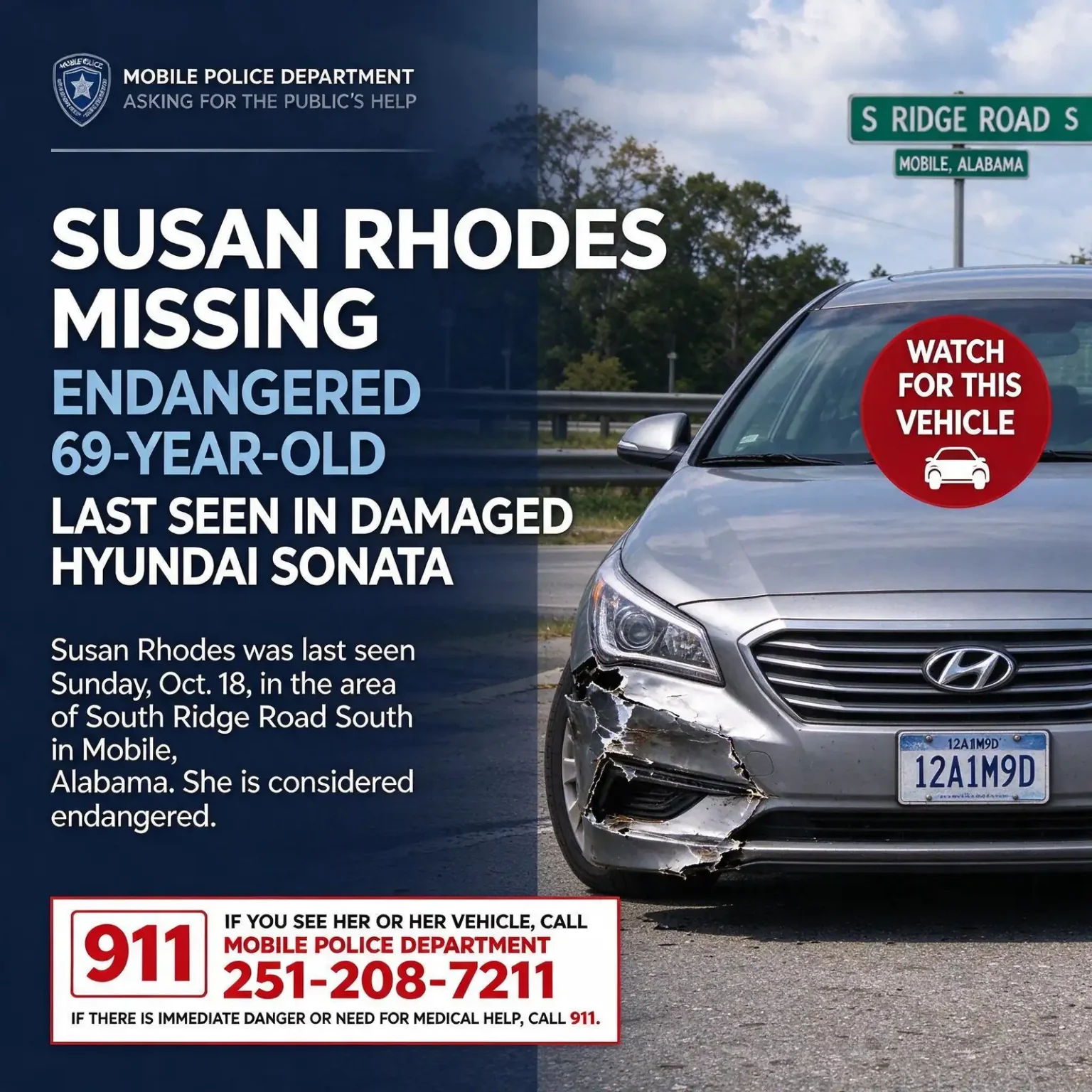 Illustrative sedan with a damaged front passenger-side bumper and plate 12A1M9D beside text about missing woman Susan Rhodes and the number 251-208-7211