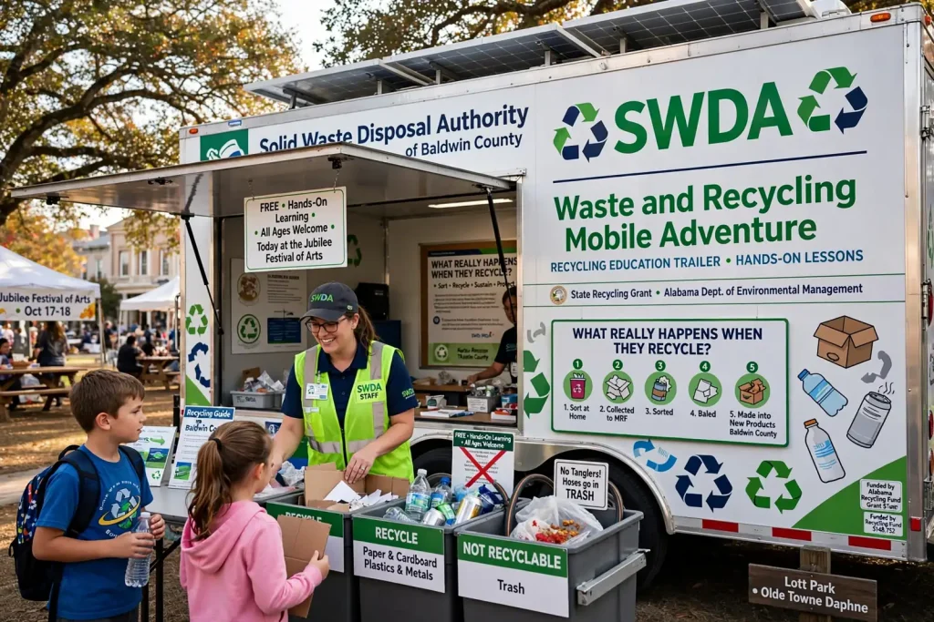 Children sorting plastic bottles, cans and paper into recycling bins at an outdoor education display