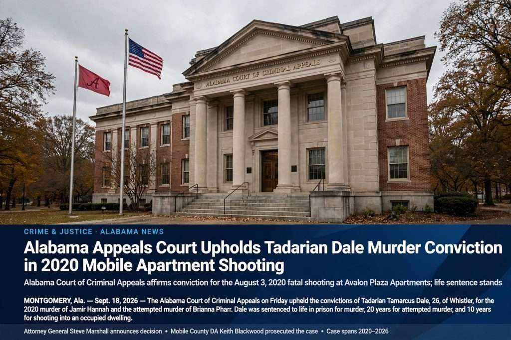 Illustration for the news story: Alabama Appeals Court Upholds Tadarian Dale Murder Conviction in 2020 Mobile Apartment Shooting