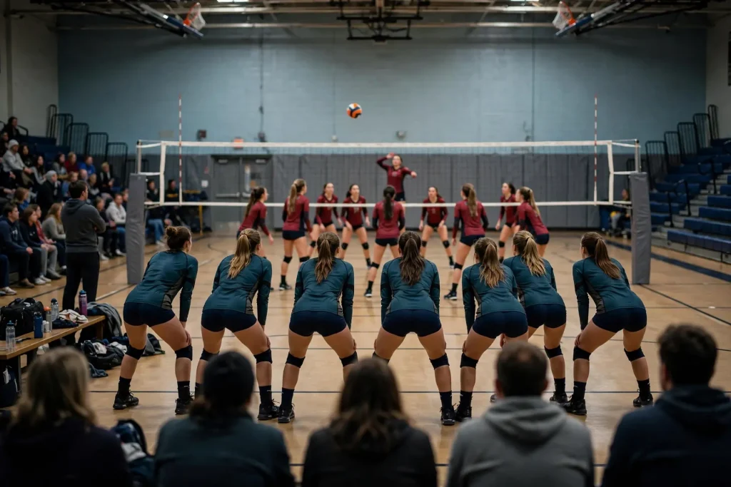 High school volleyball player leaping to spike the ball over the net as two opponents jump to block in a school gymnasium