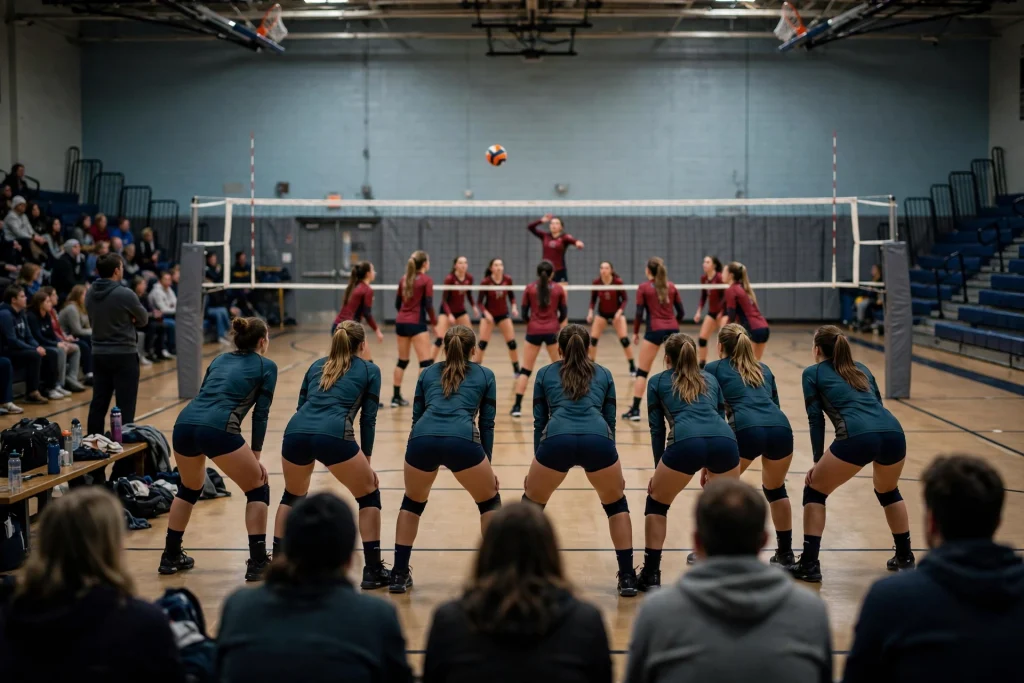 High school volleyball player leaping to spike the ball over the net as two opponents jump to block in a school gymnasium