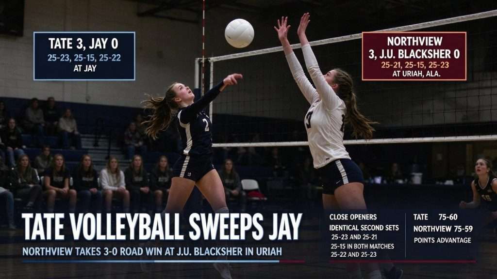 Illustration for the news story: Tate Volleyball Sweeps Jay as Northview Takes 3-0 Road Win at J.U. Blacksher in Uriah