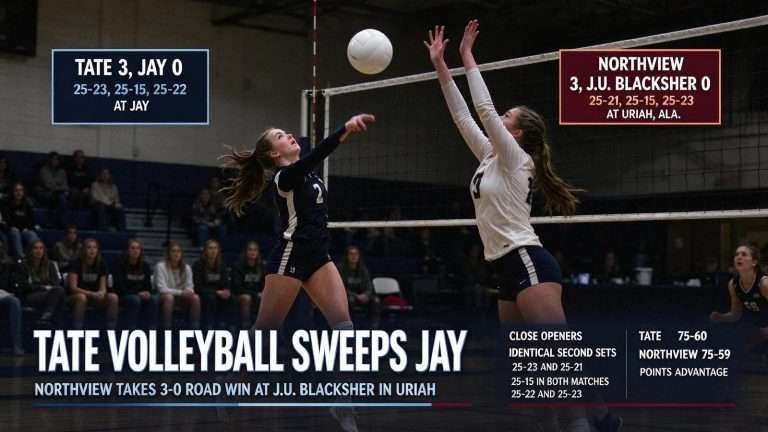 Illustration for the news story: Tate Volleyball Sweeps Jay as Northview Takes 3-0 Road Win at J.U. Blacksher in Uriah