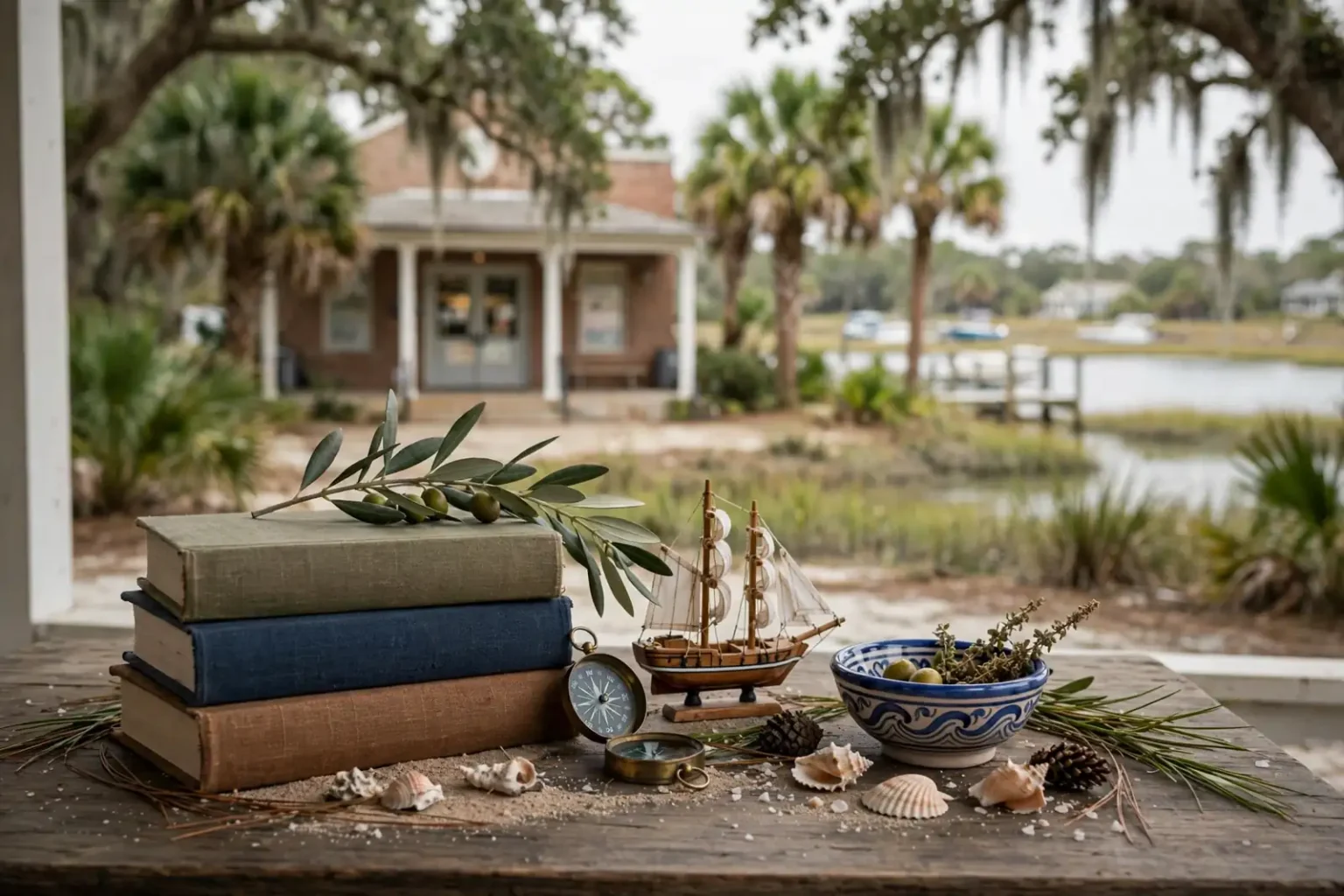 Three cloth-bound books topped with an olive branch beside a model sailing ship, a compass and a Greek-style bowl, representing Ted Pitsios’ modern odyssey