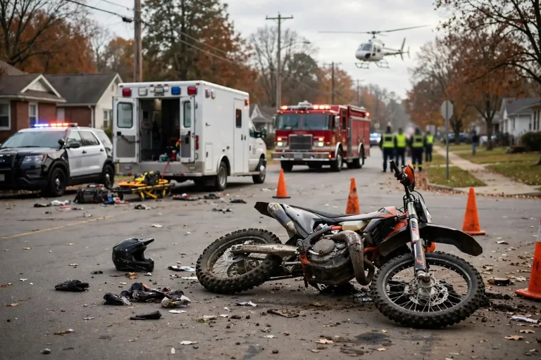 Responders beside a dirt bike at an intersection with ambulance, police vehicles and a medical helicopter