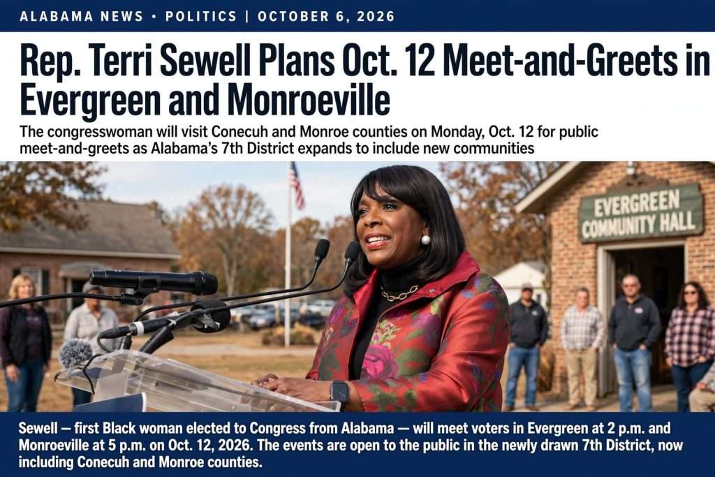 Illustration for the news story: Rep. Terri Sewell Plans Oct. 12 Meet-and-Greets in Evergreen and Monroeville