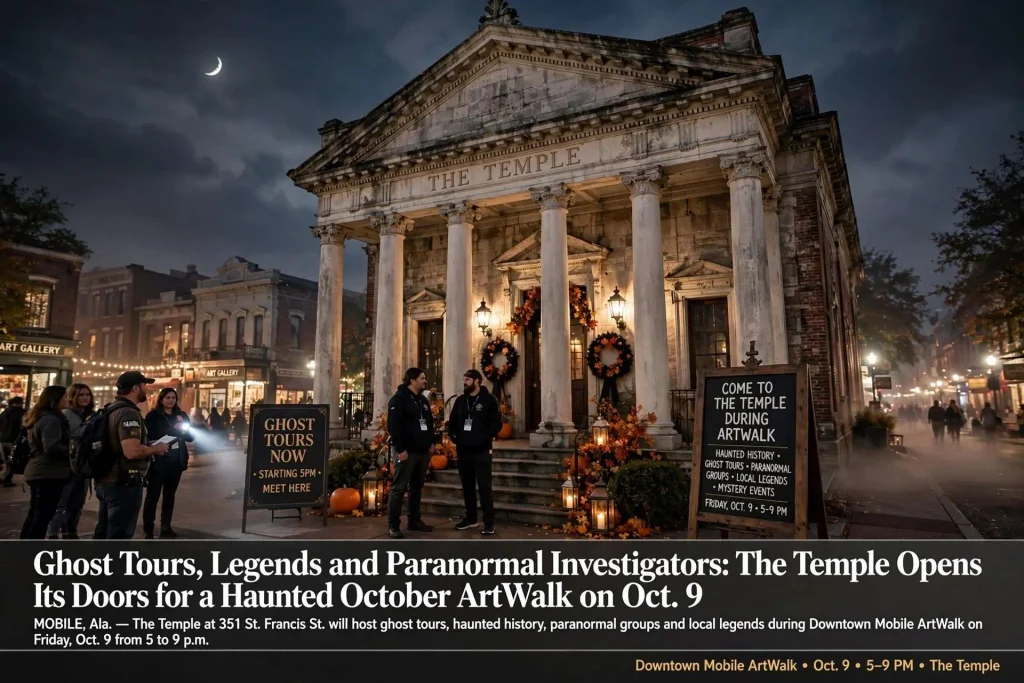 A columned historic building lit at night with autumn decorations as visitors gather for ghost tours