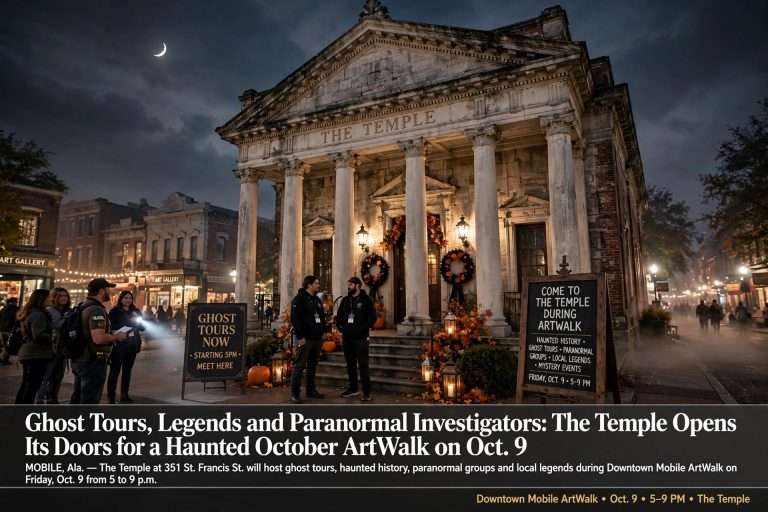 A columned historic building lit at night with autumn decorations as visitors gather for ghost tours