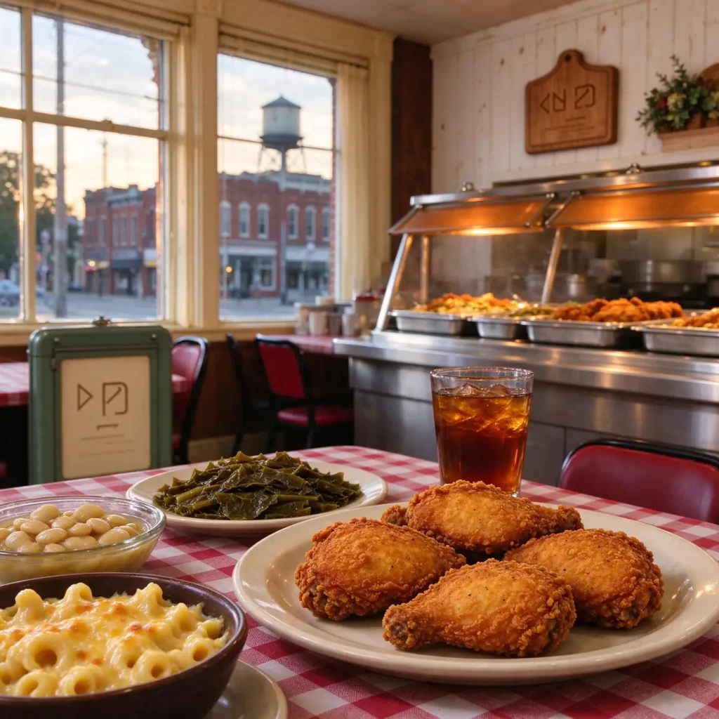 A plate of Southern fried chicken served with collard greens, fried okra and macaroni and cheese