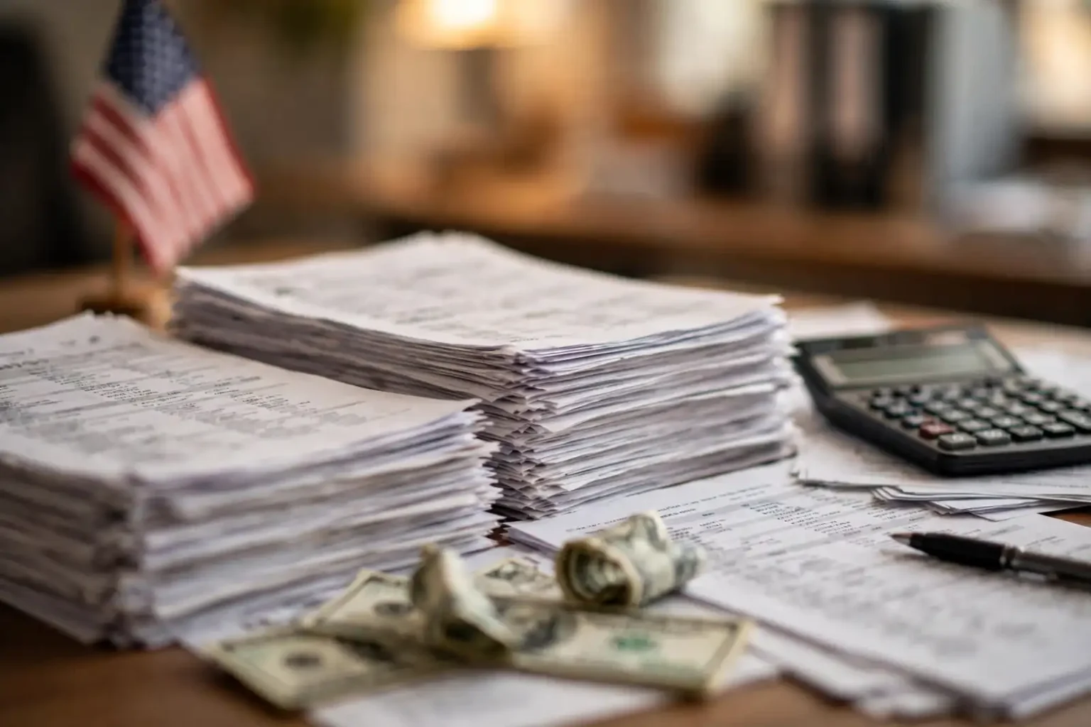 Campaign finance paperwork, a calculator and U.S. currency on a desk representing third-quarter fundraising reports