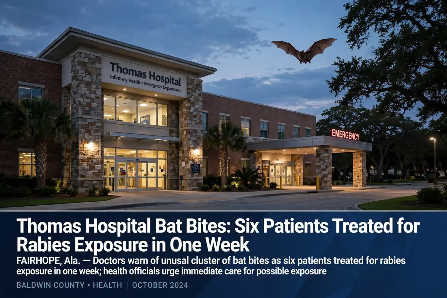 Thomas Hospital building at dusk with an emergency entrance and a bat flying overhead