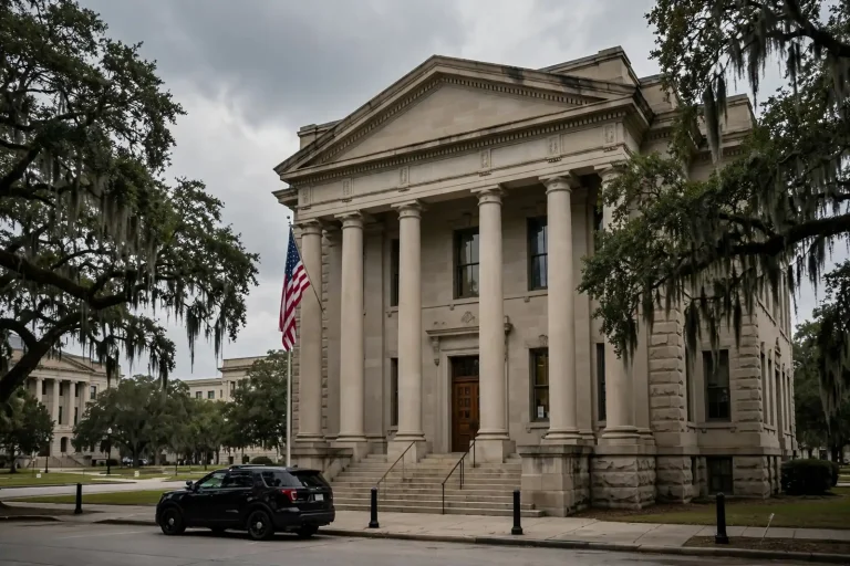 Stone courthouse with columns, an American flag and moss-draped oak trees under gray skies, illustrating the Thomas Steele court hearing