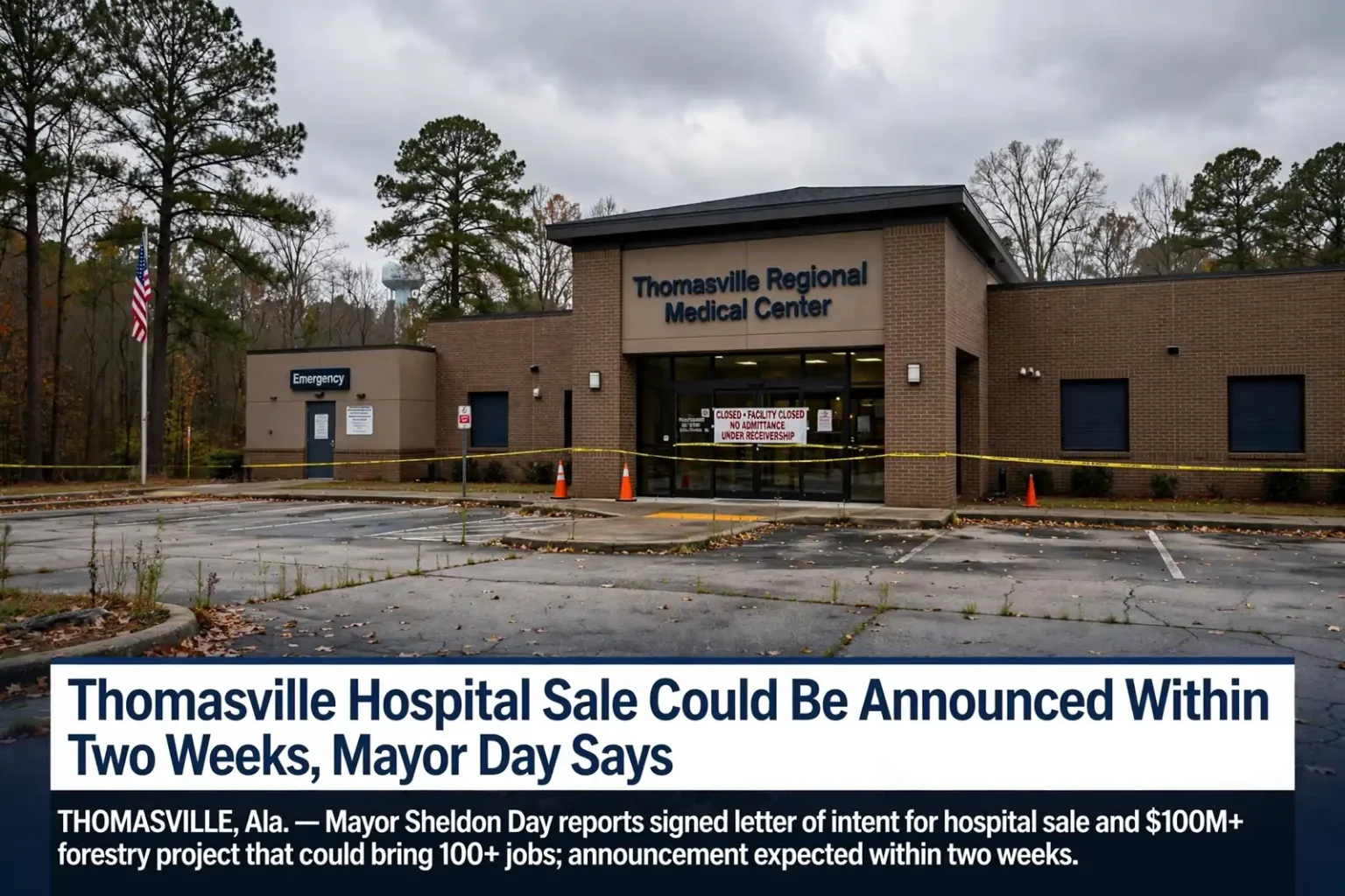 Exterior of a closed single-story rural hospital with an empty parking lot