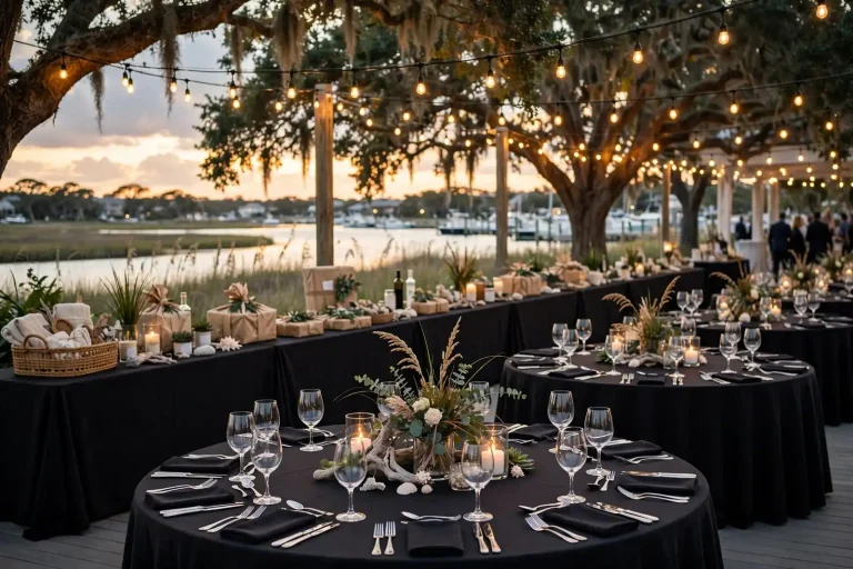 Elegant tables set with glassware and candles for an evening gala overlooking the Gulf Coast