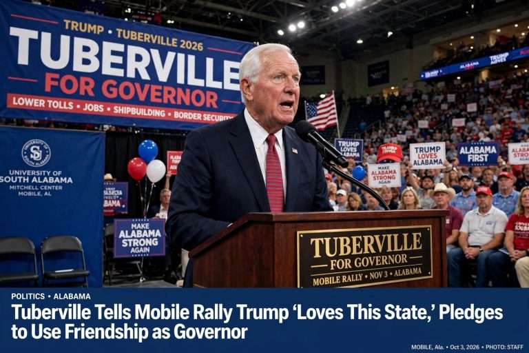 Illustration for the news story: Tommy Tuberville Tells Mobile Rally Trump ‘Loves This State,’ Pledges to Use Friendship as Governor