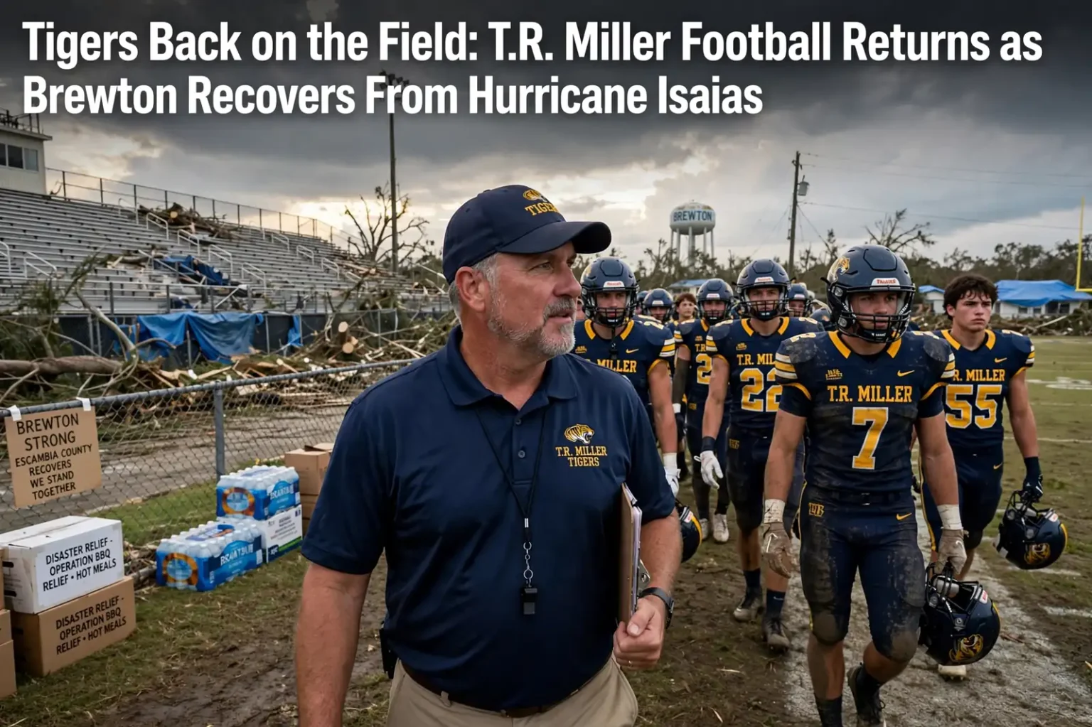 High school football players in uniform walking onto a field with storm-damaged trees in the background
