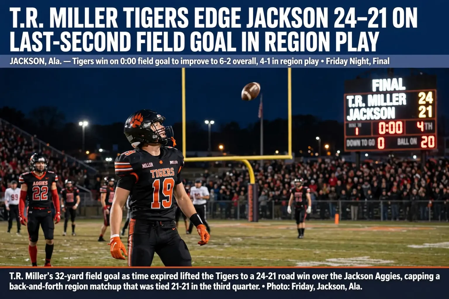 High school football players in orange and black celebrating at night near a scoreboard showing 24-21