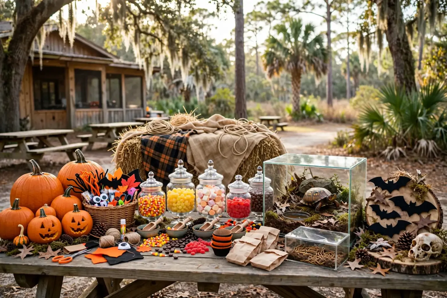 Picnic table with pumpkins, craft supplies, candy jars, a box turtle habitat and bat cutouts under moss-draped trees, evoking Trek or Treat at Gulf State Park