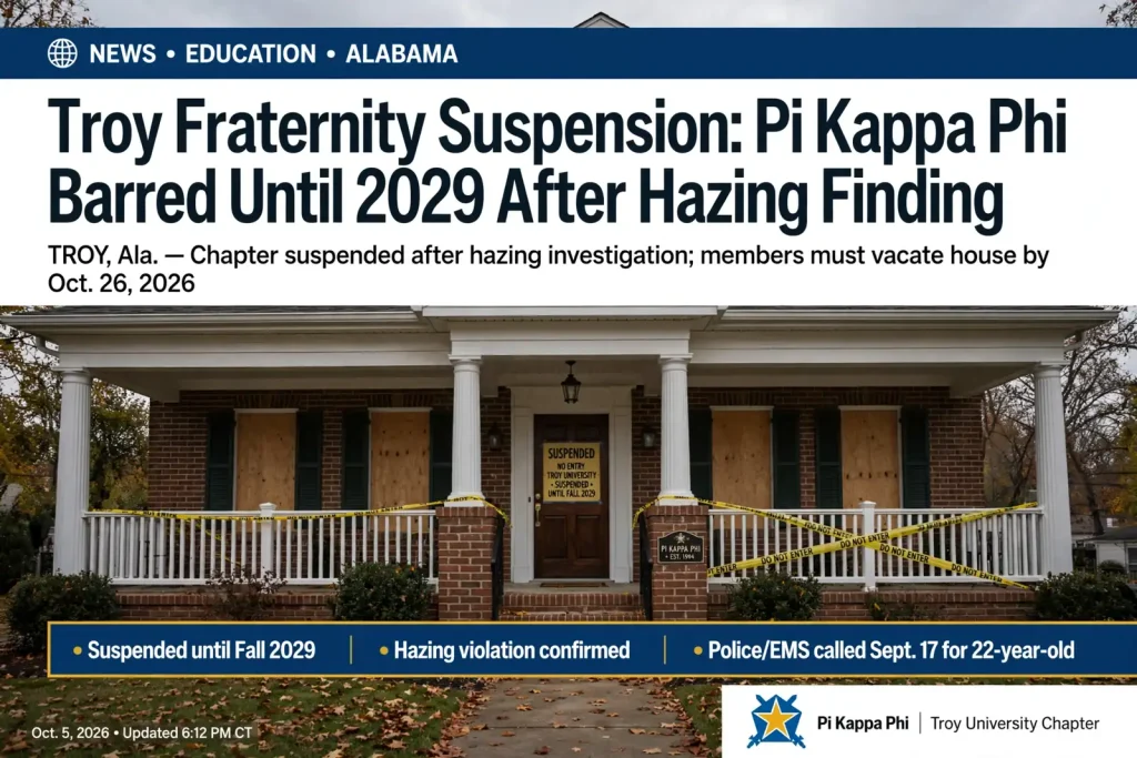 Exterior of a two-story fraternity house with columns on a college campus in Alabama