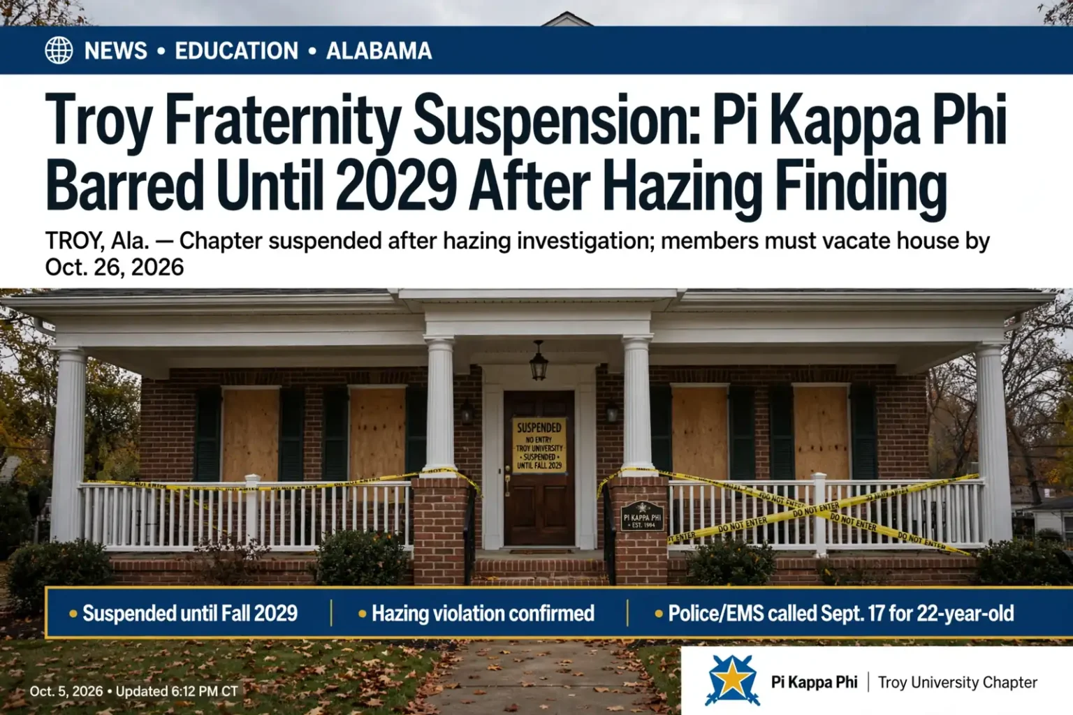 Exterior of a two-story fraternity house with columns on a college campus in Alabama