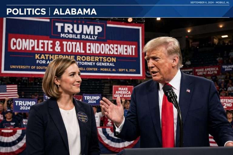 Illustration for the news story: Trump Gives Katherine Robertson His ‘Complete and Total Endorsement’ for Alabama Attorney General at Mobile Rally