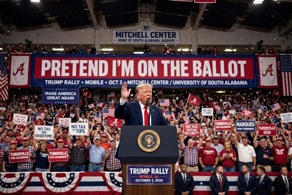 Illustration for the news story: Trump Rally in Mobile: President Tells Alabama Voters to ‘Pretend I’m on the Ballot’