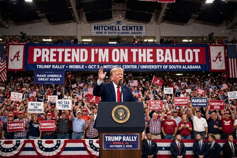 Illustration for the news story: Trump Rally in Mobile: President Tells Alabama Voters to ‘Pretend I’m on the Ballot’