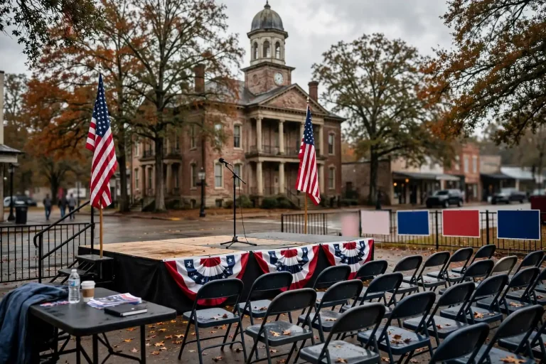 Speaker at a campaign rally with supporters holding flags and signs promoting a congressional candidate.