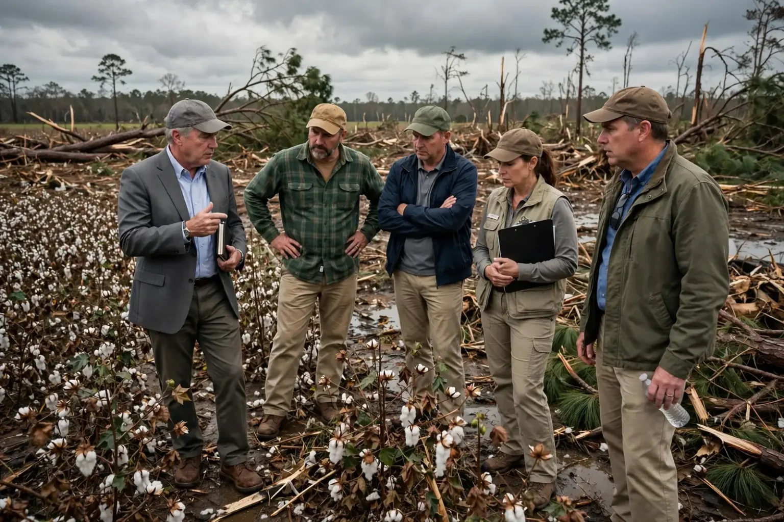 Storm-damaged cotton field with plants bent and scattered under a cloudy sky