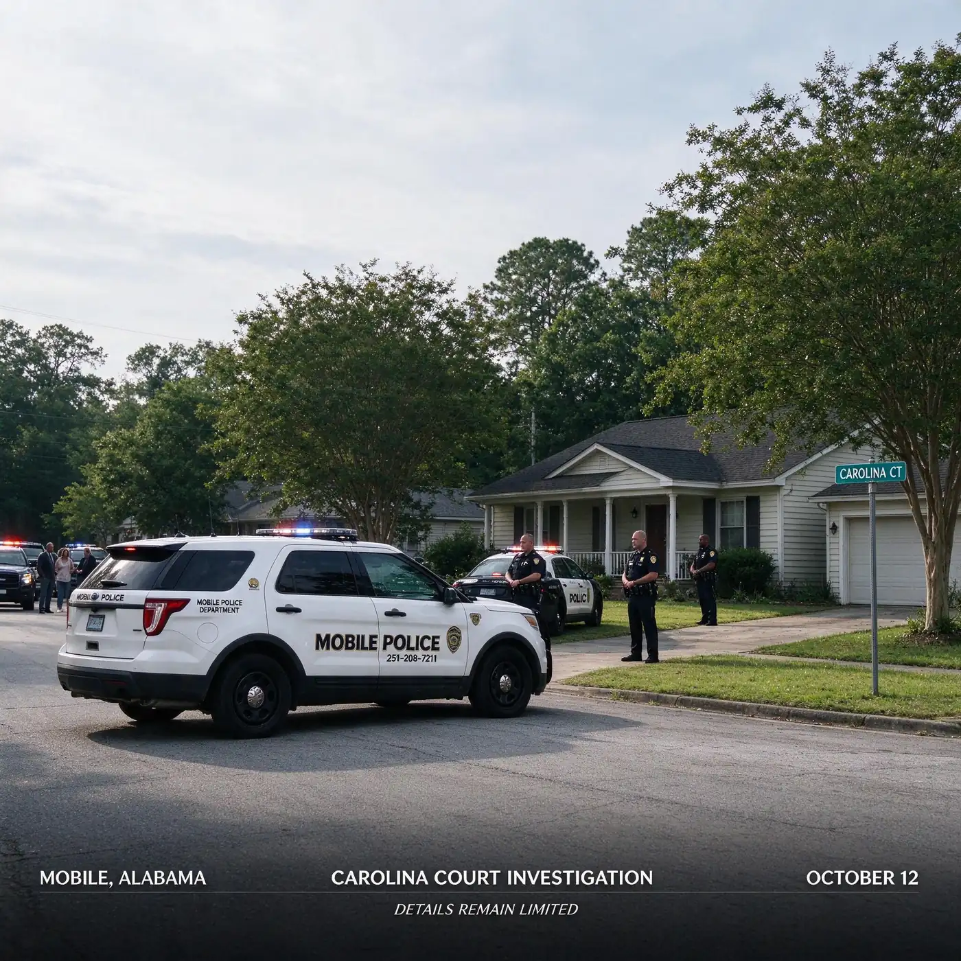 Police crime scene tape stretched across a residential street lined with single-family homes in the afternoon