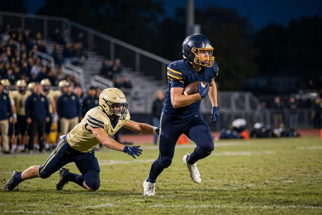 A high school quarterback in a dark jersey breaks outside for a first down under stadium lights as defenders chase