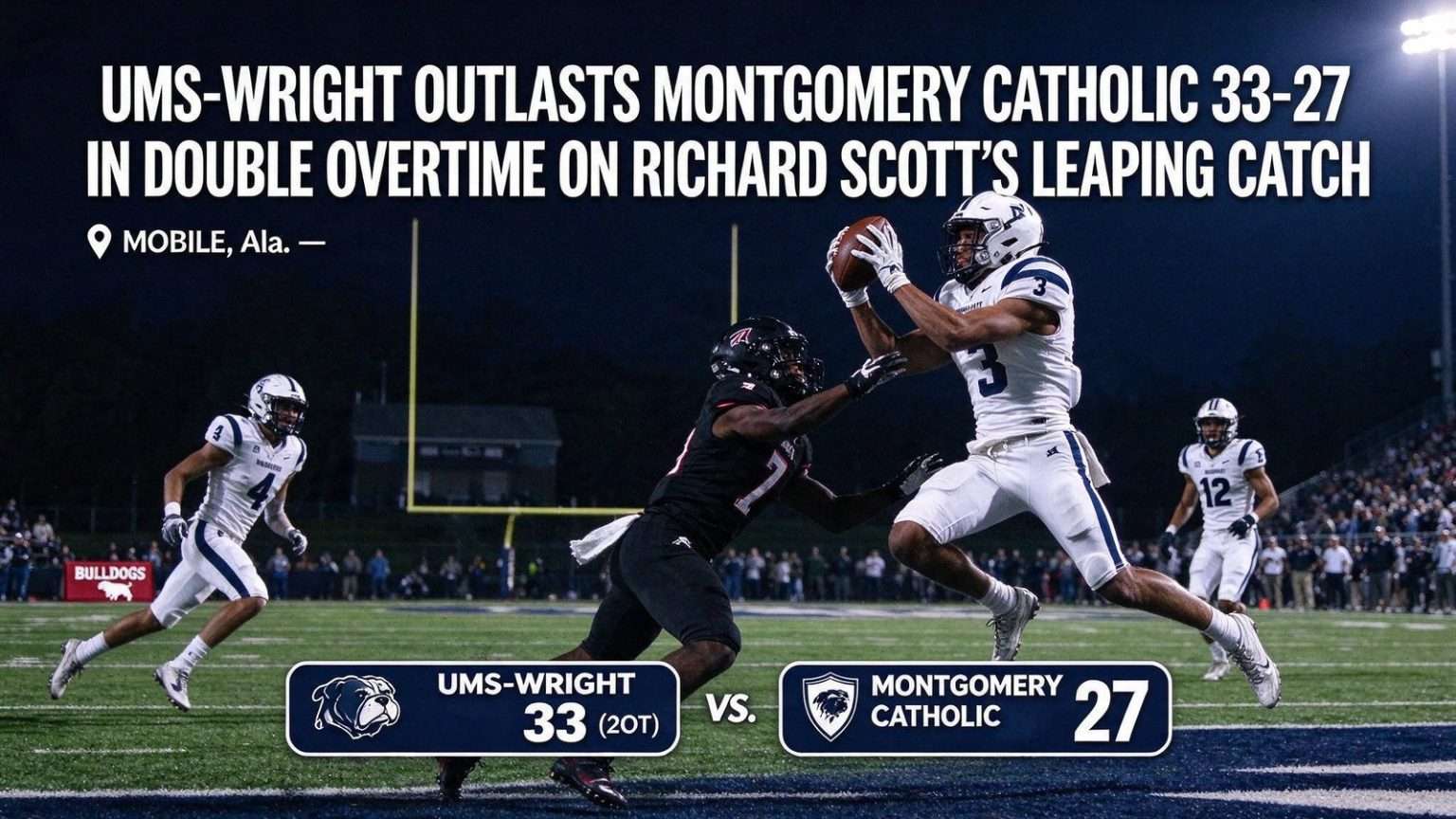 Illustration for the news story: UMS-Wright Outlasts Montgomery Catholic 33-27 in Double Overtime on Richard Scott’s Leaping Catch