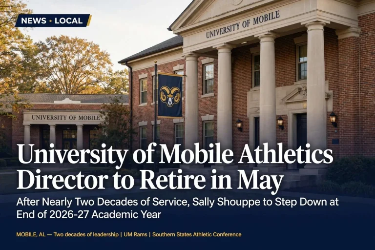 Brick, columned University of Mobile campus building with a navy Rams banner, headline on Sally Shouppe's retirement