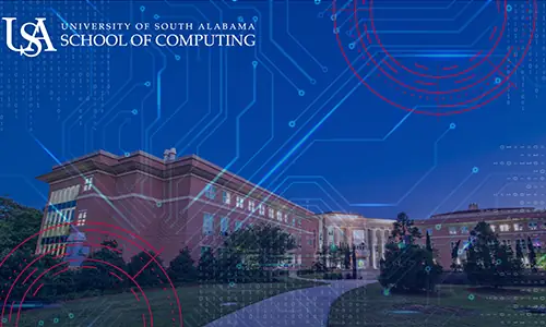 Shelby Hall, home of the University of South Alabama School of Computing, at dusk with a blue circuit-board graphic and the School of Computing logo overlaid